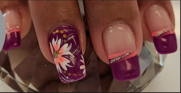 Purple French floral nails by Bocasa